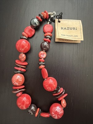 Kazuri Kenya Designer Hand Crafted ''EARTH & FIRE  Red Black Color 18  Necklace