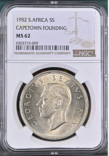 SOUTH AFRICA 5 Shillings 1952, Very Lustrous NGC MS 62 UNC Grade, Pretty. A4