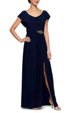 ALEX EVENINGS Navy Pleated Cowl Neck Jersey Embellished High Slit Maxi Dress 6