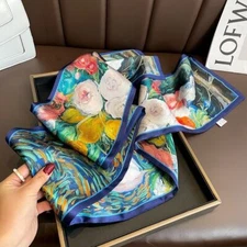 Double Side 100% Pure Silk Long Scarf Women Vintage Floral Neckerchief 150*15cm