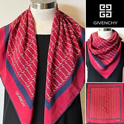 GIVENCHY Italy Silk Crepe de Chine Red,Navy Logo Scarf 74x74cm Rev