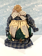 Folk Art Primitive Handmade Cloth Doll in Dress on Wooden Stand Country Trees