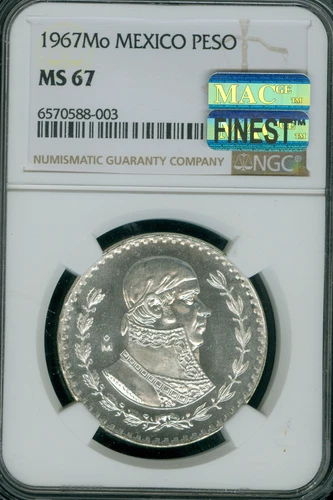 1967 Mo MEXICO SILVER 1 PESO NGC MS67 FINEST REGISTRY & MAC SPOTLESS PROOFLIKE *