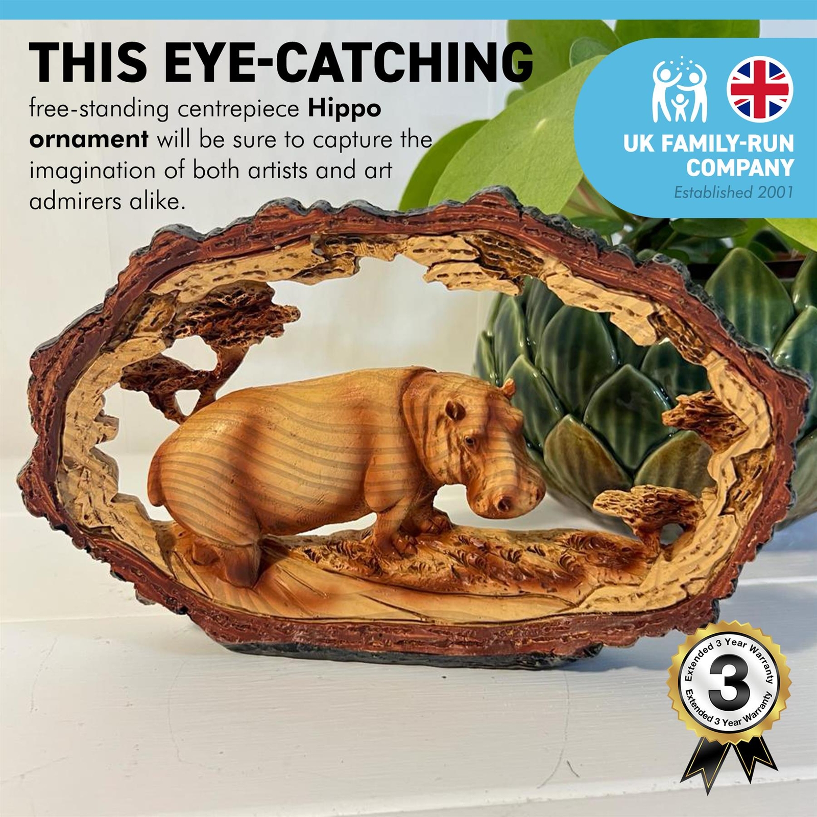 SOLITARY HIPPO IN WOOD EFFECT RESIN Ornaments for Home Wildlife