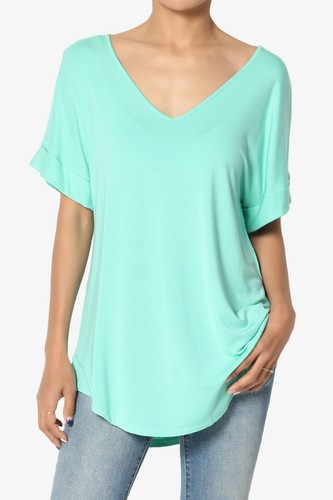 TheMogan S~3X Wide V-Neck Cuffed Short Sleeve Curved Hem Luxe Jersey Top - Picture 177 of 212