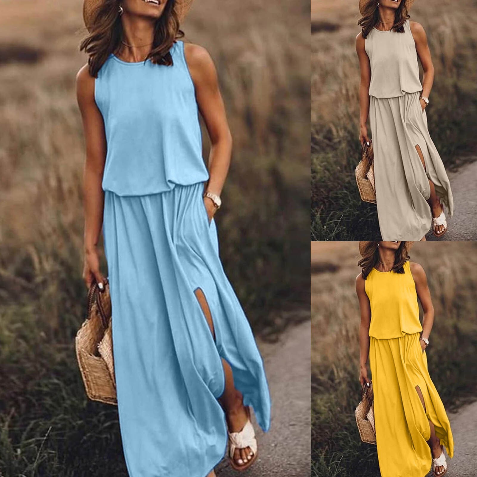 Women Summer Long Maxi Dress Ladies Holiday Boho Sleeveless Plain Tunic  Sundress | eBay