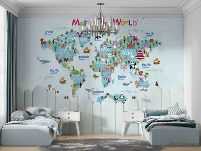 3D Cartoon World Map Wallpaper Wall Mural Removable Self-adhesive 18