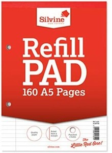 Silvine 160 Page A5 Refill Pad Head Bound and Punched 2 Holes. Ruled 8mm Feint