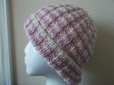 Hand knitted warm 100% wool  + Merino/mohair blend beanie/hat,  cool pink/white