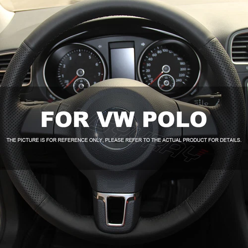 For VW Polo 9N Black Leather Steering Wheel Cover