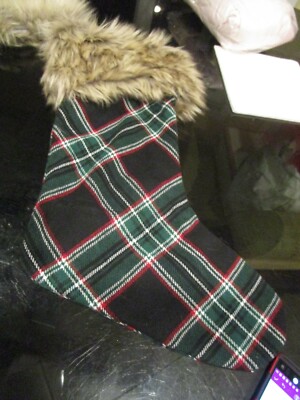 Pottery Barn Nottingham green plaid fur stocking Christmas no monogram New