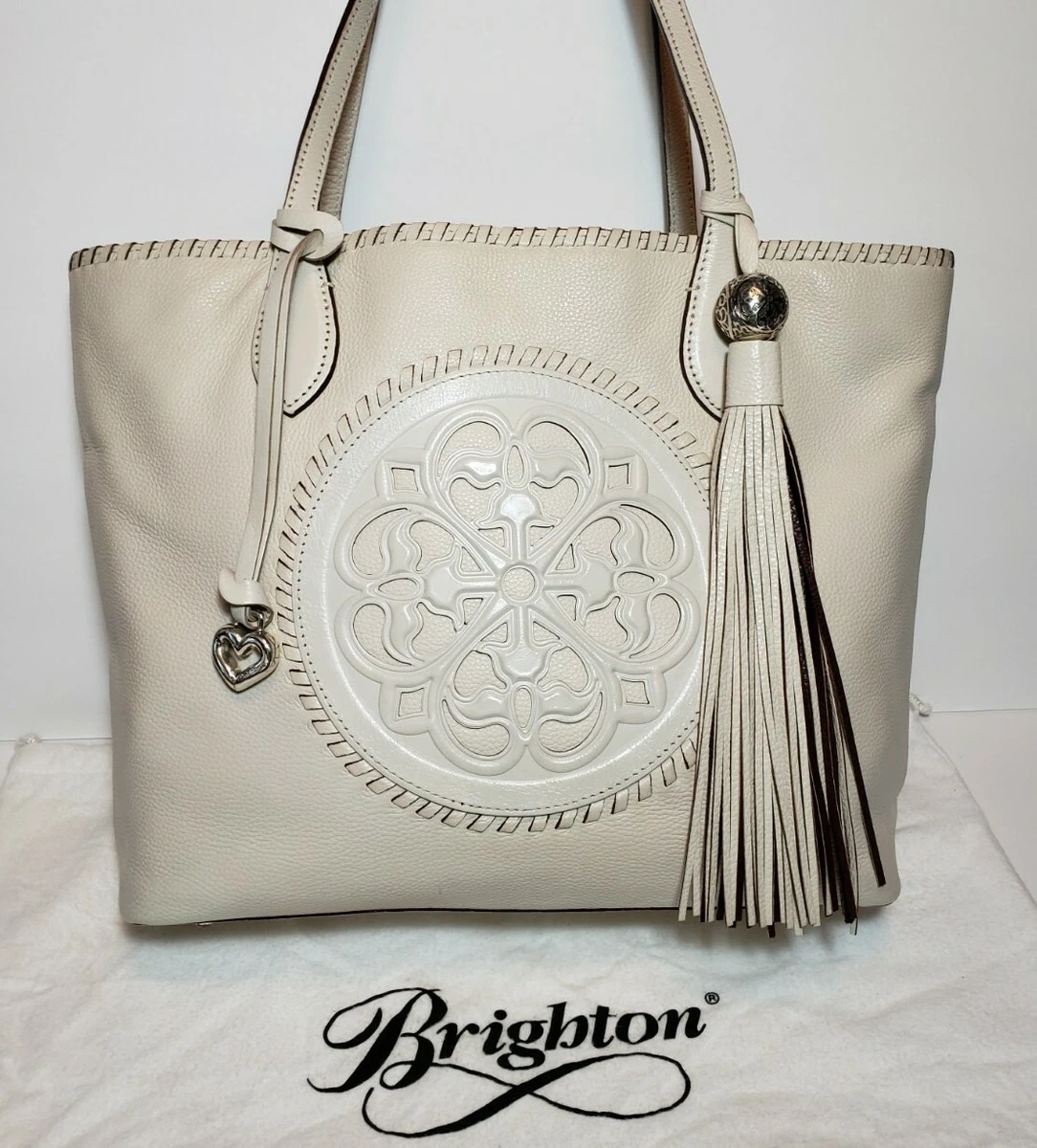 BRIGHTON FERRARA COLL. GABRIELLA WINTER WHITE MEDALLION TASSELED TOTE PURSE 530