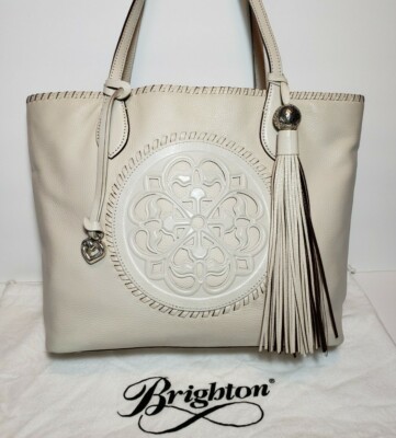 BRIGHTON FERRARA COLL. GABRIELLA WINTER WHITE MEDALLION TASSELED TOTE PURSE $530