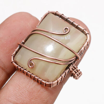 Yellow Lace Agate Gemnstone Ring Handmade Ethnic Wire Wrap Copper Jewelry 8'' F54