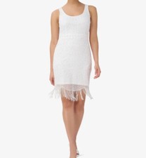 NEW Adrianna Papell White Ivory Cocktail Scoop Neck Fringe Beaded Sheath Dress