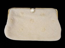 Vintage white glass beaded clutch purse MOP Japan satin lined beautiful 