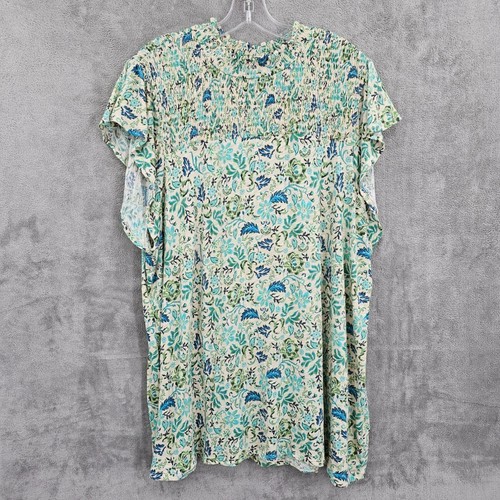 Torrid Top 3 blau grün Blumen Baumwolle Modal Jersey gesmokt Stehkragen Rüschenbesatz