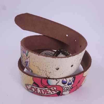 Ed Hardy Unisex Leather White Belt Skull and Roses Size 