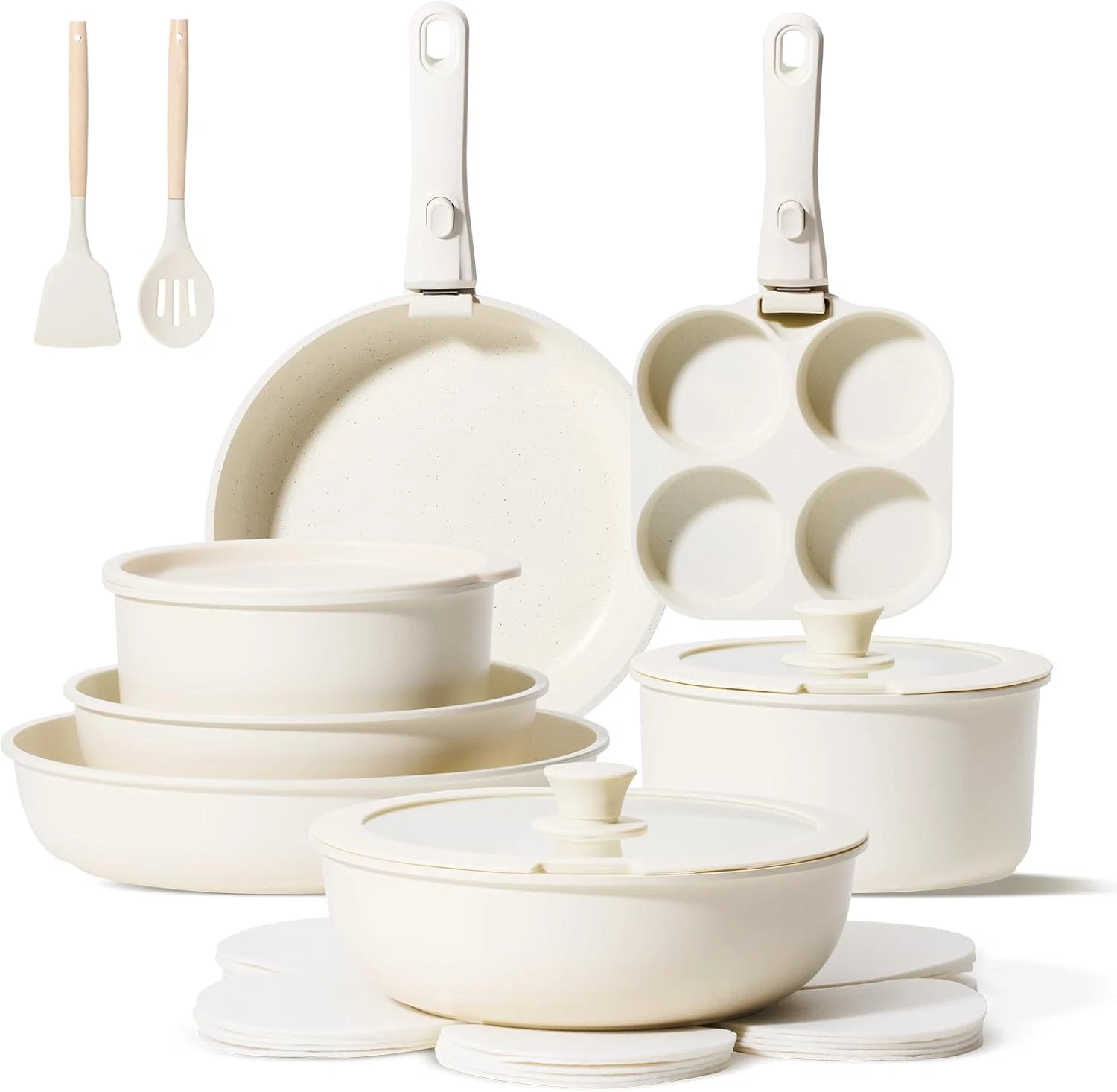 19-Piece Non-Stick Pots and Pans Set with Detachable Handle, Beige