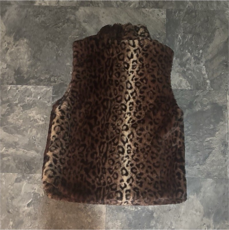 Girls Leopard Animal Print Faux Fur Full Zip Vest Sleeveless Brown/Black S