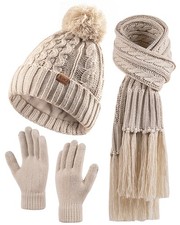 Womens Winter Set 3 Pcs Pom Pom Beanie Fringe Scarf Gloves Soft Warm Set