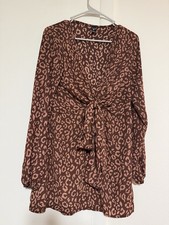 Windsor Brown Pink Leopard Print V-Neck Tie Front Balloon Sleeve Mini Dress M