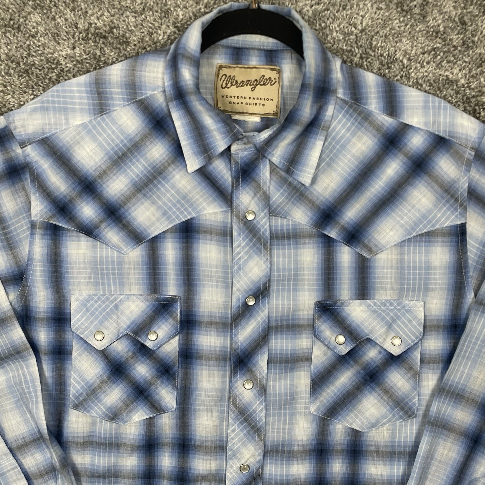 Wrangler Shirt Mens Large Western Pearl Snap Blue Plaid Long Sleeve