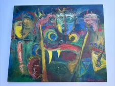 MID CENTURY PAINTING PORTRAIT ABSTRACT MODERNIST FACES HEADS ASIAN BALI MYSTERY