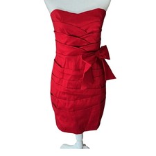 Red Strapless Bow Detail Cocktail Dress Early 2010s Glam Fitted Runs Sm