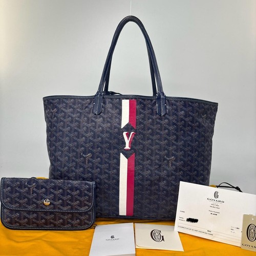 Goyard Paris Saint Louis PM Shoulder Tote Bag Marquage Navy Herringbone w/ Pouch