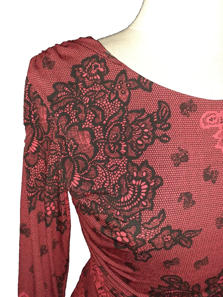 Vestido EN FOCUS STUDIO Talla 14 Línea A Negro Rojo Floral Manga 3/4 Tejido Elástico Foto 2 de 4