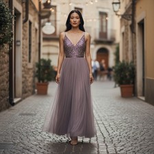 BHLDN "Reception 1" Beaded Sequin V Neck Tulle Gown Mauve Formal Wedding Size 6
