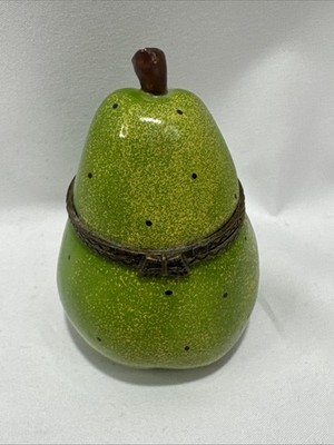 Green Pear Shape Trinket Ring Box 3'' Porcelain Hinged Lid Small  Vintage