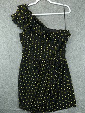 Allen B Schwartz Womens 12 Black Dress One Shoulder Pleated Green Dots Lined