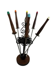 MCM Vintage Set 6 Fondue Cocktail Olive Forks Server Stand Metal Wood Retro