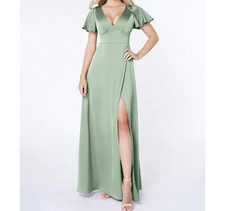 AZAZIE Lani Agave short sleeve maxi satin bridesmaids dress sz 10