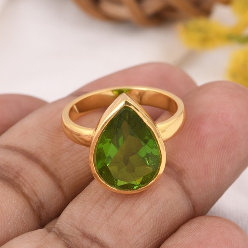 Pear Shape Peridot Quartz Gemstone Ring in Gold Plated Engagement Ring For Gift - Picture 3 of 12