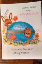 Norcross Easter Card Husband bunnies slide motion Kiss Inside vintage tulip 1971