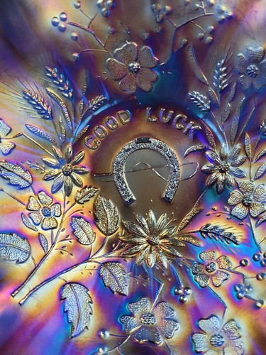 Pretty Blue Northwood Carnival Glass Good Luck Ruffled Bowl - Picture 14 of 14