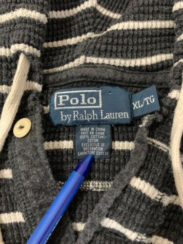 VTG Polo Ralph Lauren Hoodie Waffle Knit Men’s XL Gray White Stripe Pony 90s - Picture 8 of 9