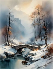 Winter Scene Landscape Trees Creek Art Giclee Art Print Canvas Wrap or poster