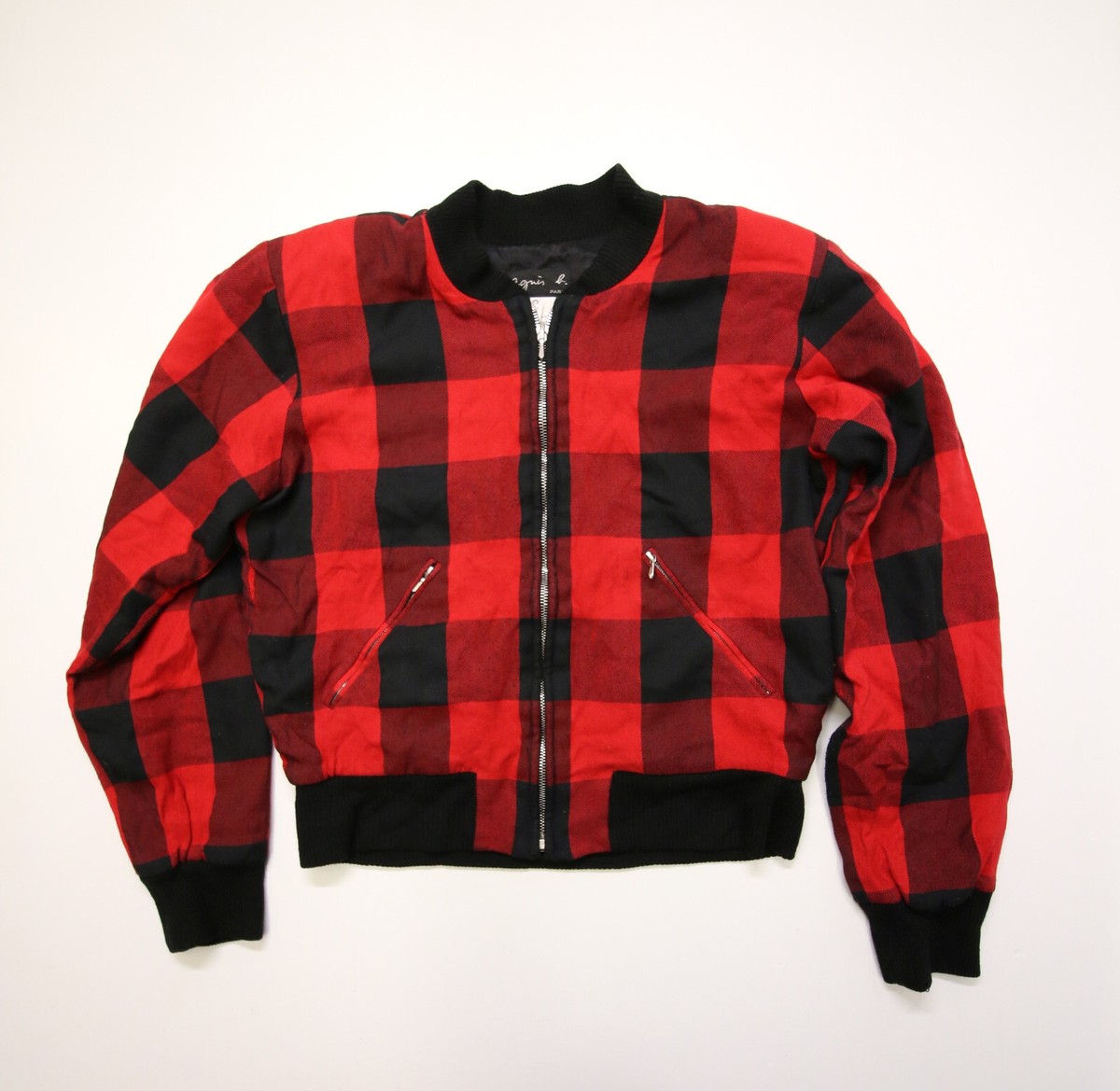 Agnes B Brooklyn Zip Bomber Jacket Womens 2 Red Buffalo Plaid
