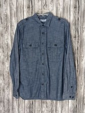 Men's Blue Medium Wash Chambray Thin Denim LongSleeve Button-Down Collared Shirt