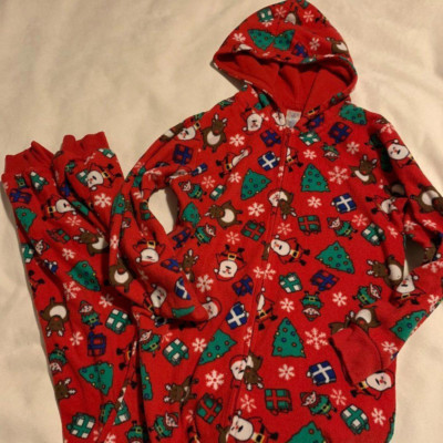 The Childrens Place Christmas Pajamas Size 10-12  One Piece with Zipper & Hood  