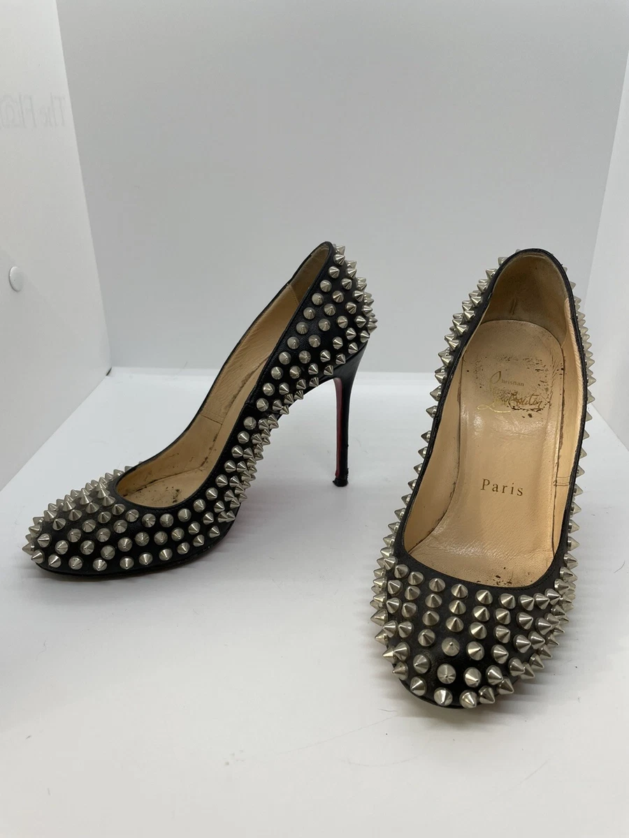 CHRISTIAN LOUBOUTIN Black Leather Pumps Heels Silver Spikes / Studded SIZE  35