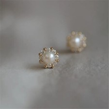 2.00 Ct Round Cut Genuine White Pearl Halo Stud Earrings 14K Yellow Gold Plated