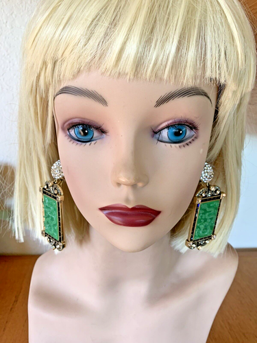 HEIDI DAUS Massive Statement Dangle Earrings Carved Dragons Faux Jade Crystals