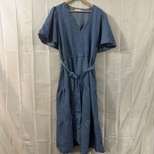 Given Kale Womens Denim Tier Midi Dress V-Neck Blue Cottagecore Plus 2X Prairie