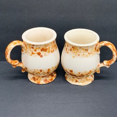 Vintage Mugs Hand Made Speckled Brown Splatter Drip Ceramic Folk MCM Set 2 1980s