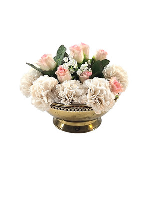 Vintage Silk Floral Arrangement in Footed Brass Planter Pot England 7''